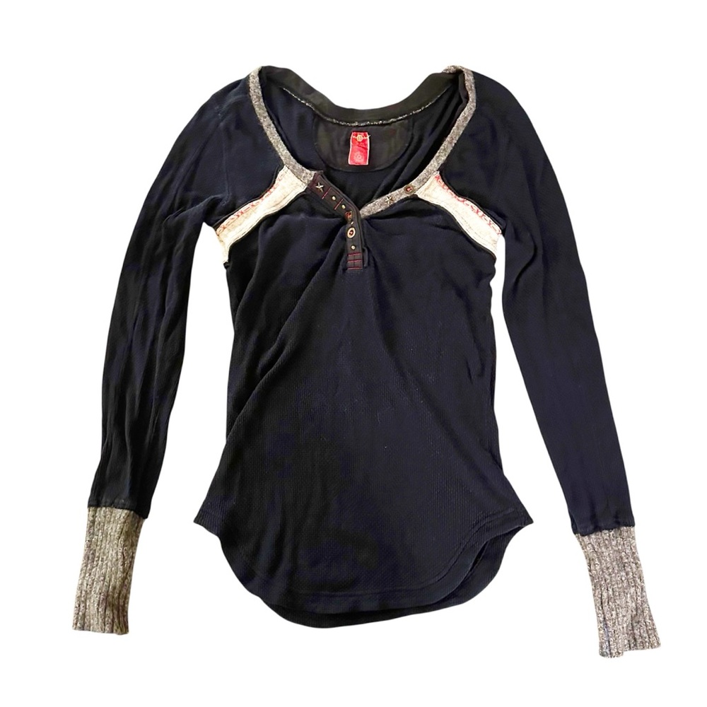 Free People Navy Blue and Gray Long Sleeve Top Wool